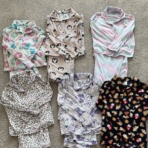 6 pairs of girls pajamas 10-12 large Disney Mickey donuts penguins dogs leopard